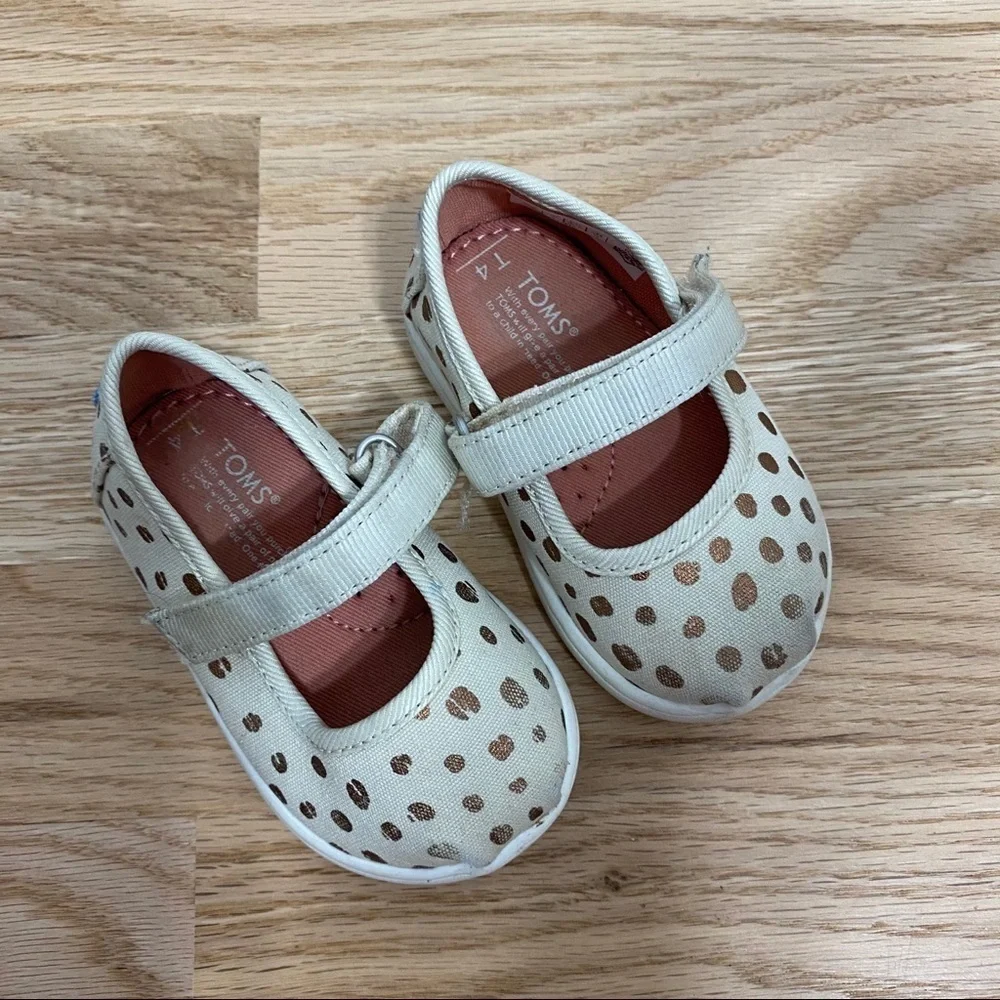 Toms Bronze Polka Dot Velcro Shoes Sz 4 Kids Baby Mary Jane Flats